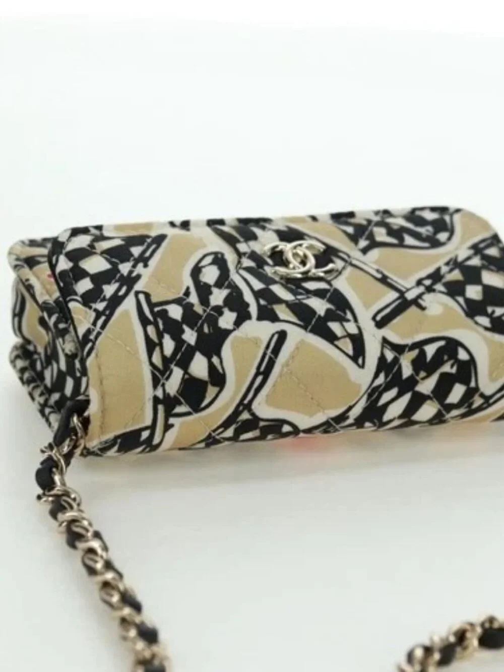 CHANEL Matelasse Checker Flag Chain Pouch Cotton Beige CC Auth YKZ1020SAM